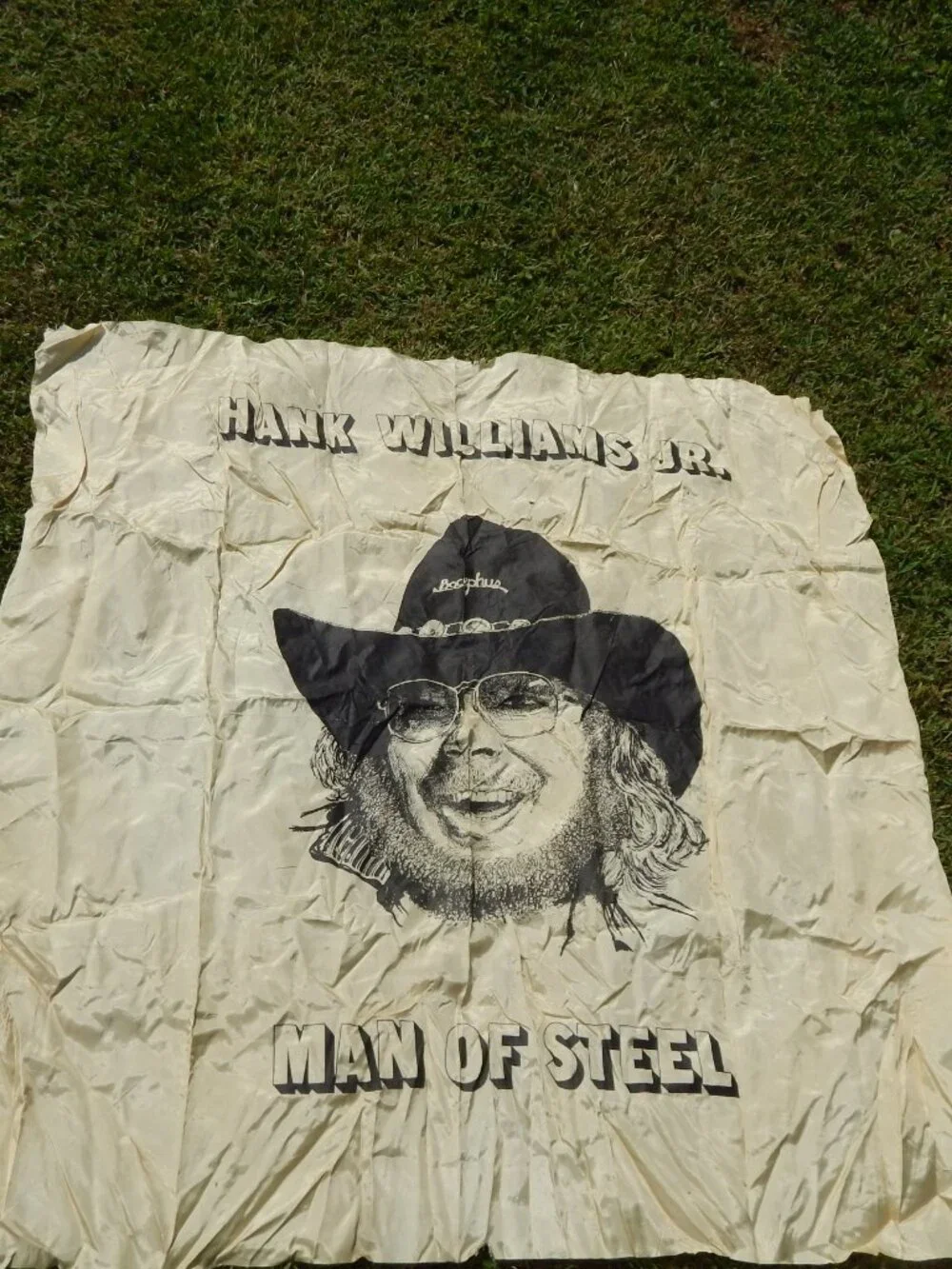 VINTAGE HANK WILLIAMS JR. MAN OF STEEL BOCEPHUS SATIN BANNER Country Music
